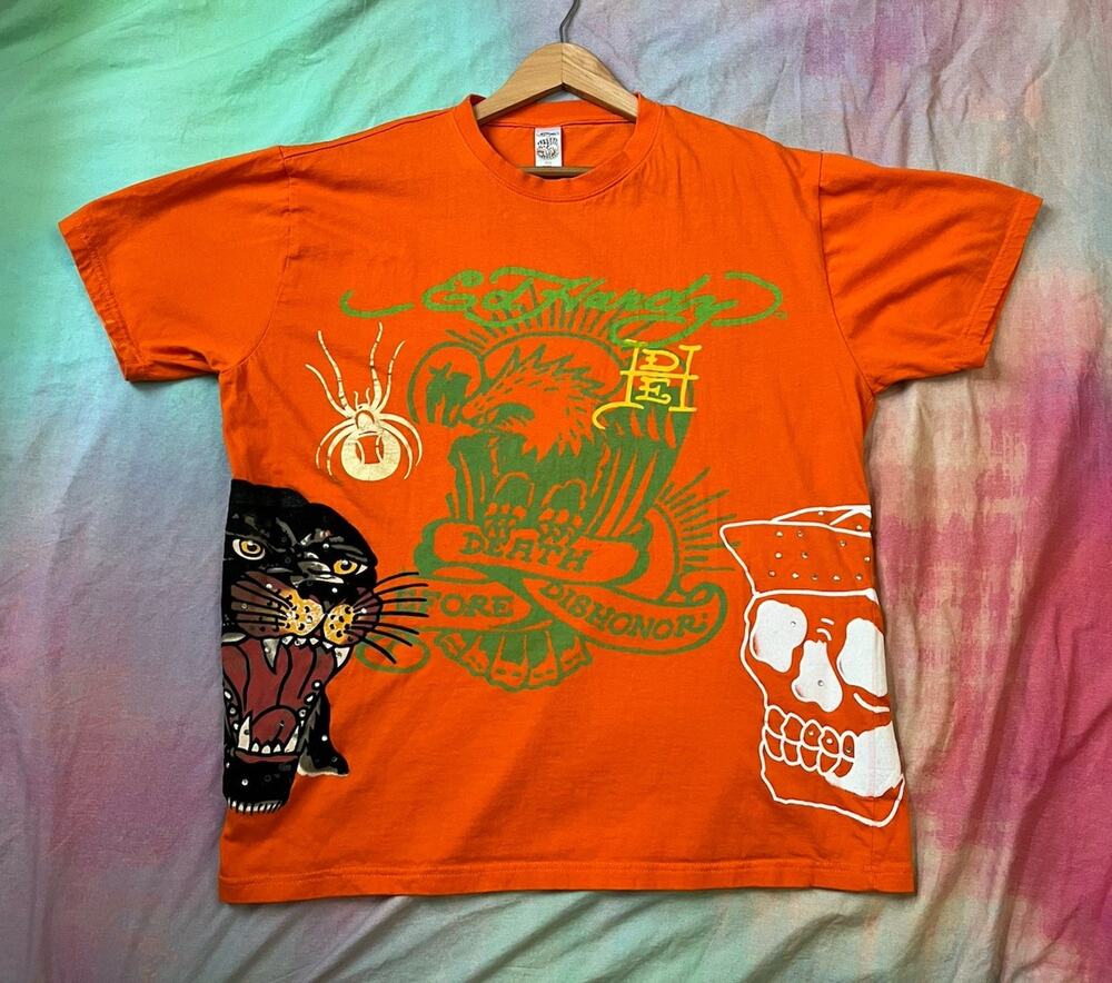 Vintage Y2K Ed Hardy McBling T Shirt Death Before Dishonor Sz XL Tattoo Skull